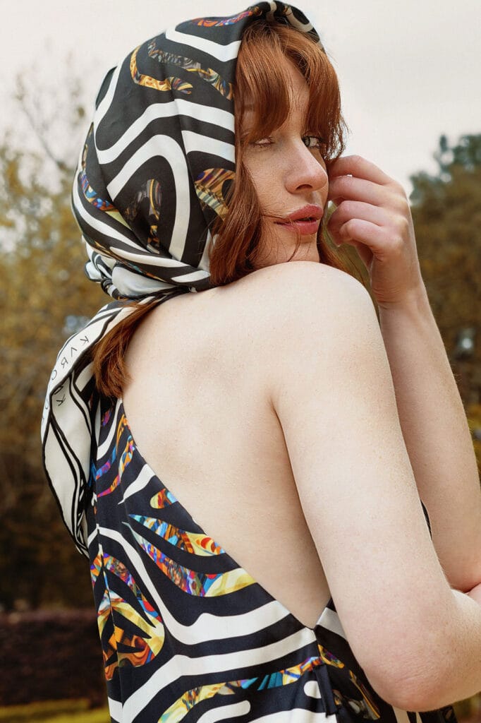 Kargede Designer Silk Scarf Black and White Tribal Print Red Haired Model Porcelain Skin Autumn Shoot