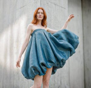 Teal Blue Silky Satin Mini Dress with Bubble Silhouette by Kargede Designer Fashion Editorial Val