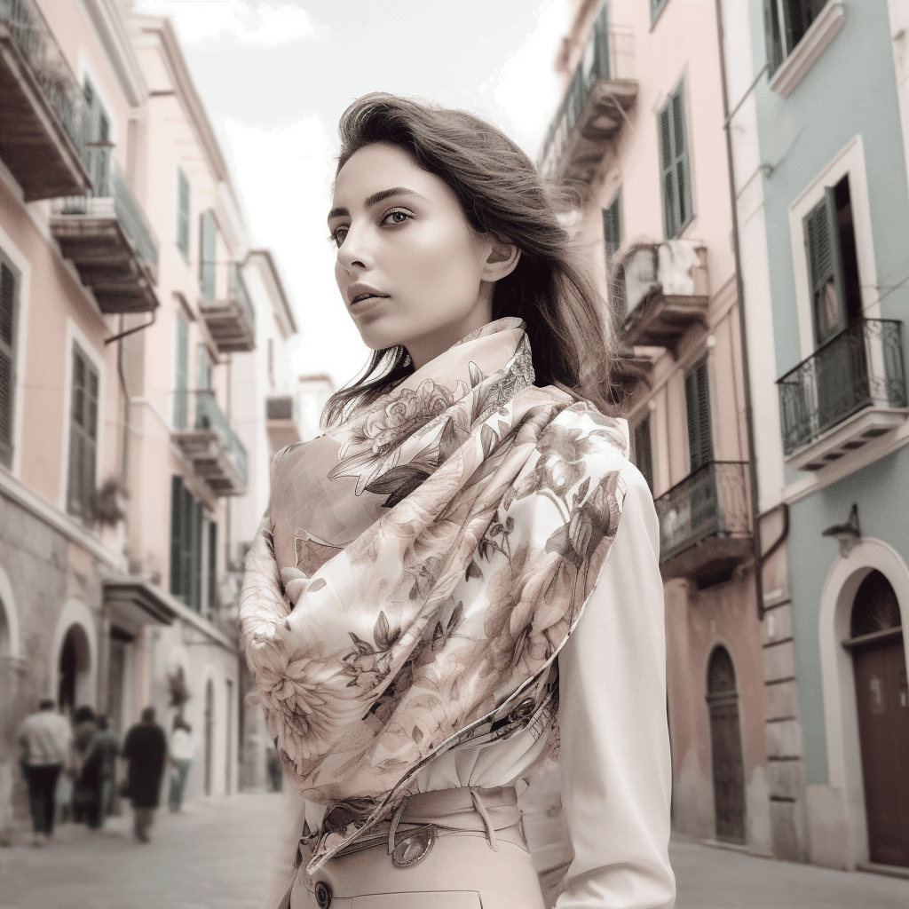 Model wearing elegant monochromatic scarf to showcase how to wear a designer silk scarf