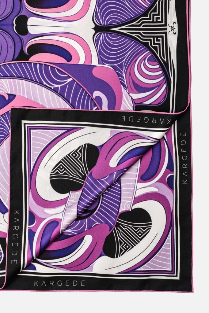 Purple Black Pink Designer Silk Twill Scarf Kargede Tidal Symphony Corner