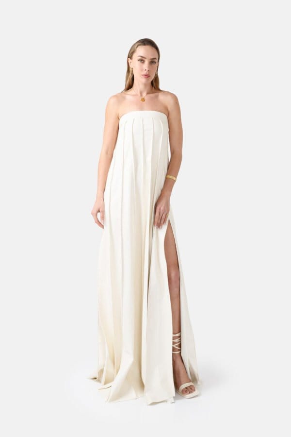 Desire – White Strapless Pleated Maxi Dress, Vegan Leather