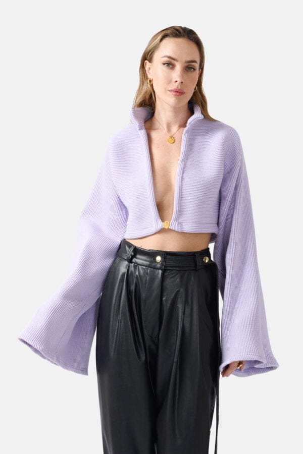Amanita – Beige Rib Knit Jumper | High Neck, Cropped, Flared Sleeves