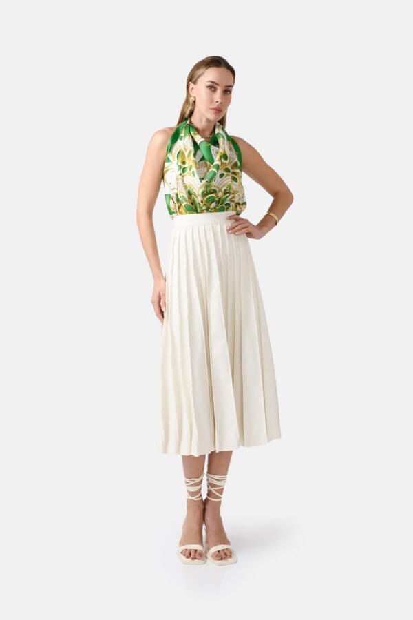 Solace – Pleated White Vegan Leather Midi Skirt