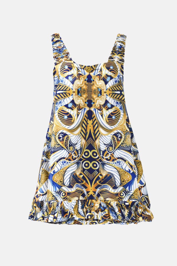 Porcelain Fever Dream – Pure Silk Slip Mini Dress Blue, Gold, White