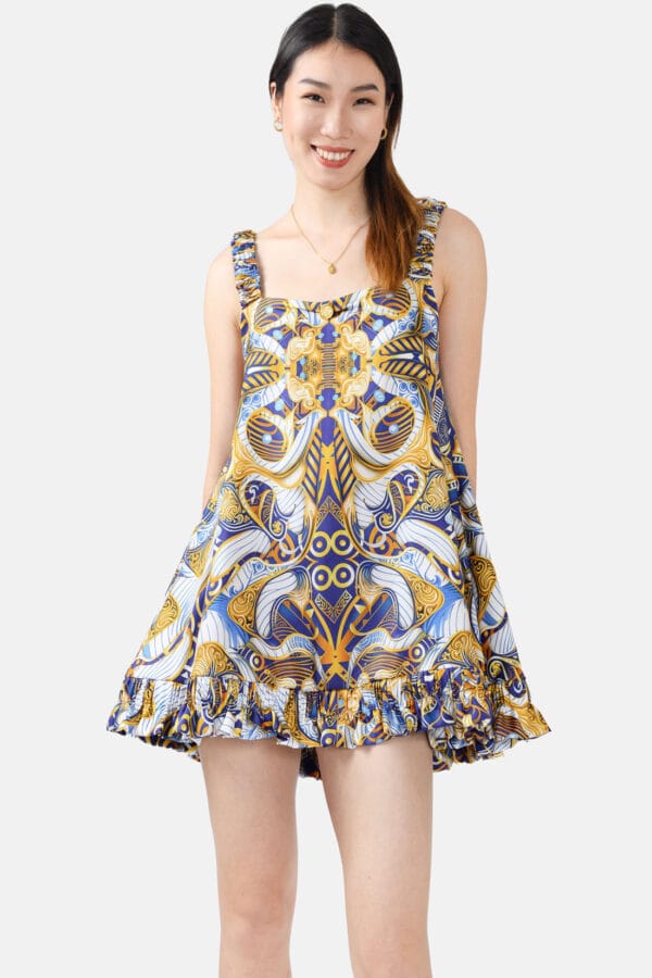 Porcelain Fever Dream – Pure Silk Slip Mini Dress Blue, Gold, White