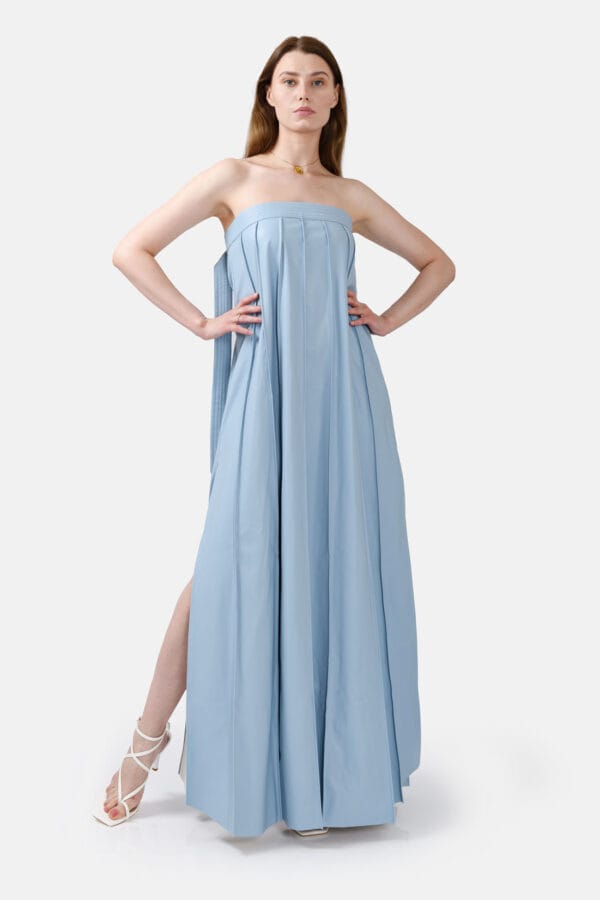 Desire – Blue Strapless Pleated Maxi Dress, Vegan Leather