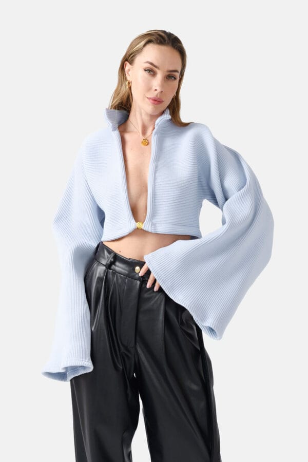Amanita – Sky Blue Rib Knit Jumper | High Neck, Cropped, Flared Sleeves