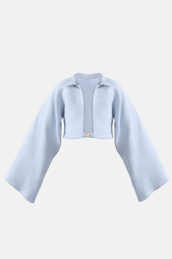 Amanita – Sky Blue Rib Knit Jumper | High Neck, Cropped, Flared Sleeves
