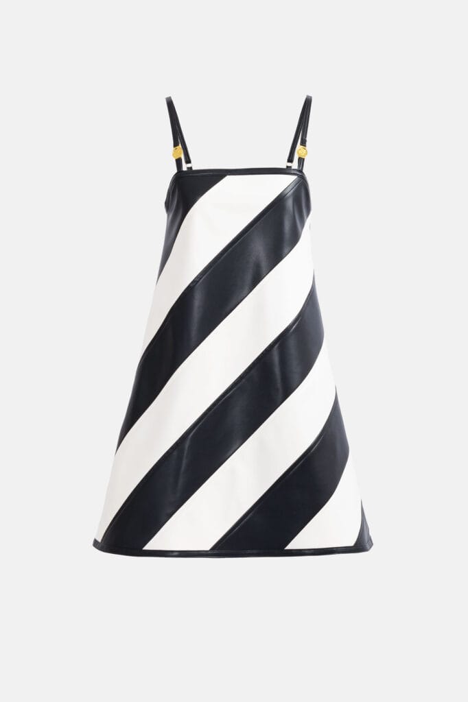 Black White Vegan Leather Strap Mini Dress Kargede Designer Dress GM