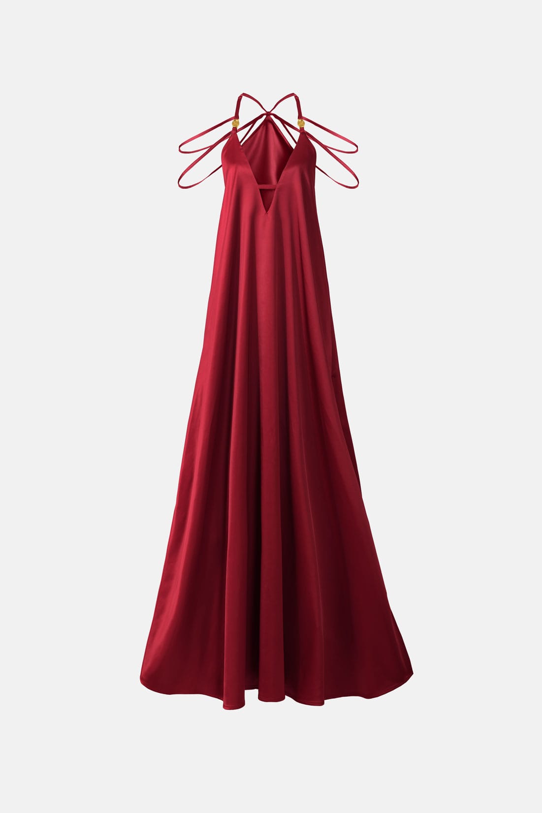 Crimson Satin Maxi Dress Straps Ruffled Hem Kargede Designer Mini Dress GM2