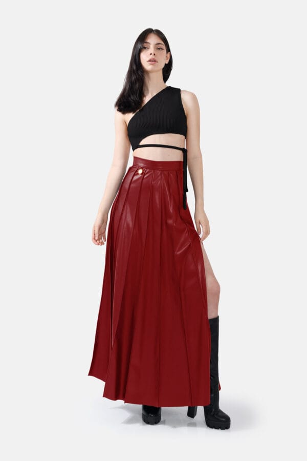 Solace – Pleated Red Vegan Leather Maxi Skirt