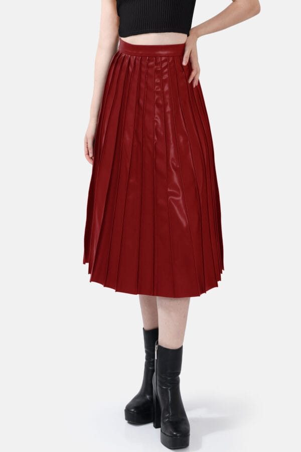 Solace – Pleated Silver Vegan Leather Midi Skirt