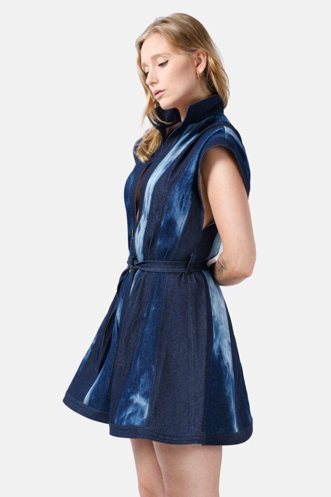 Denim Mini Dress Belt Tie Kargede Designer Dress Blue Dyed Side 2