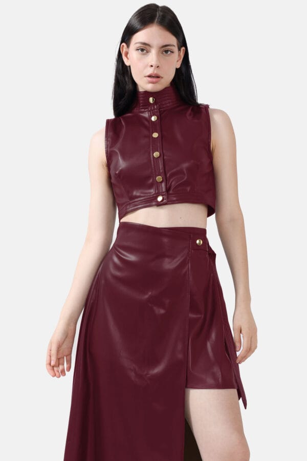 Fatale – Burgundy Red Asymmetrical Wrap Skirt, Vegan Leather