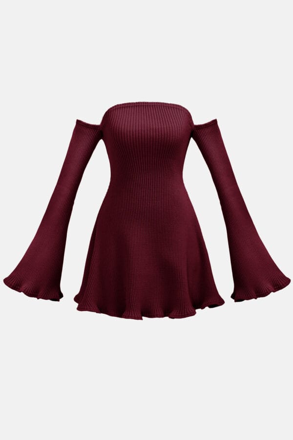 Lure – Beige Off-Shoulder Rib Knit Jumper Dress | Flared Sleeves
