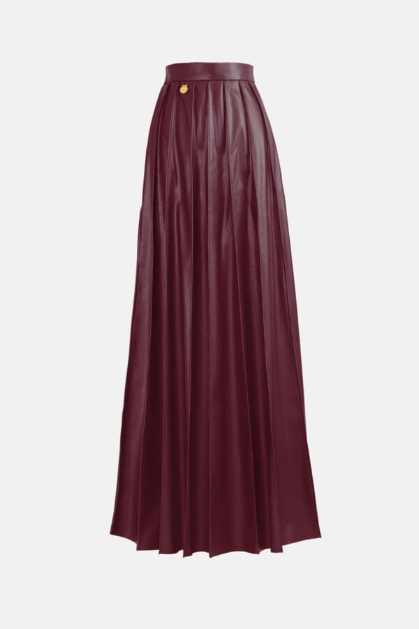 Solace – Pleated Burgundy Red Vegan Leather Maxi Skirt