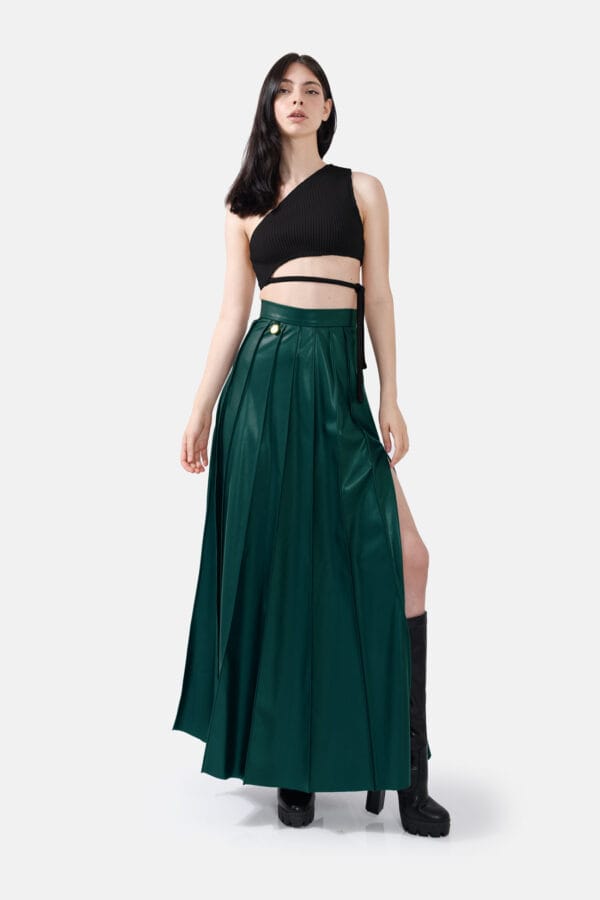 Solace – Pleated Green Vegan Leather Midi Skirt
