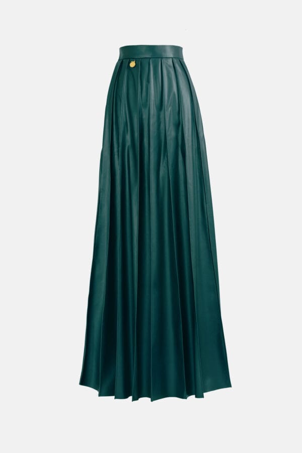 Solace – Pleated Green Vegan Leather Midi Skirt