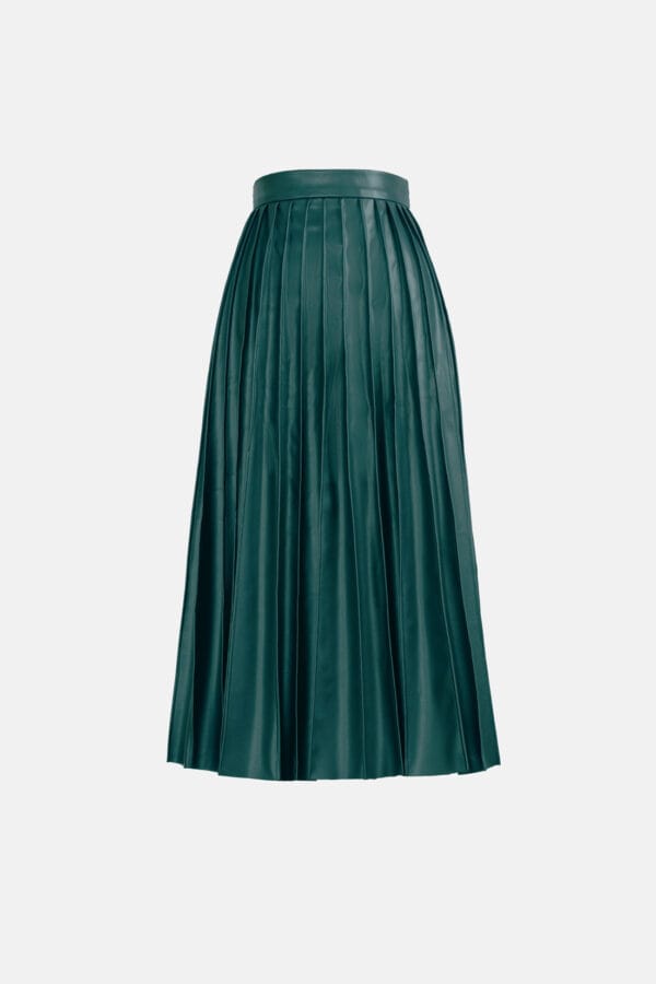 Solace – Pleated Green Vegan Leather Midi Skirt