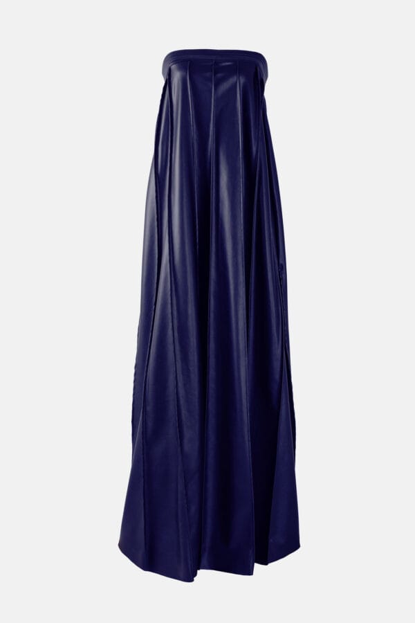 Desire – Navy Blue Strapless Pleated Maxi Dress, Vegan Leather