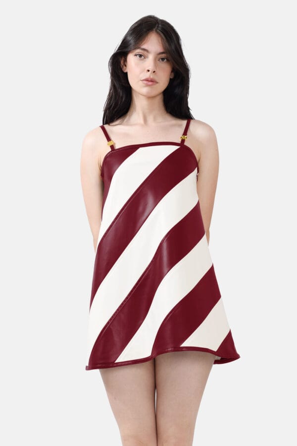 Tempest – Striped White & Navy Vegan Leather Mini Dress