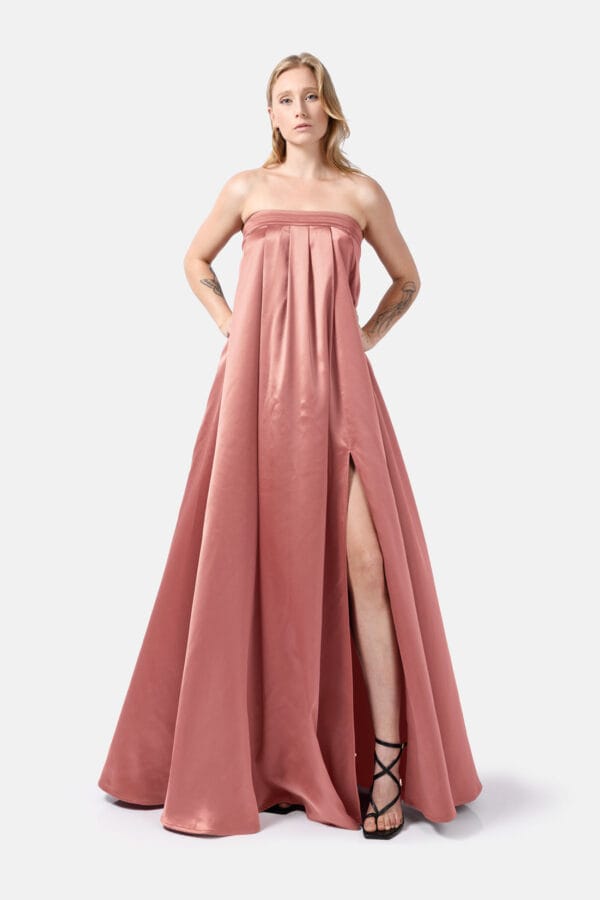 Temptation – Navy Satin Maxi Dress Pleated Slits
