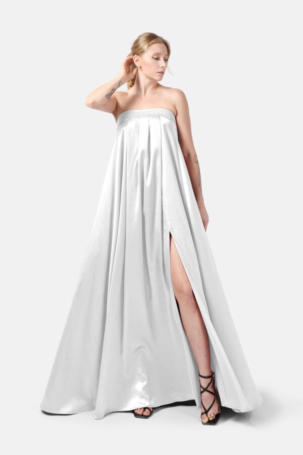 Temptation – Navy Satin Maxi Dress Pleated Slits