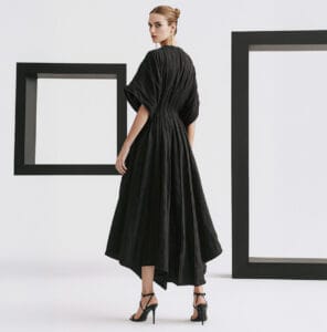 Black Designer Linen Kaftan Dress With Pleated Detail by Kargede Abstract Studio Shoot SS25 Square