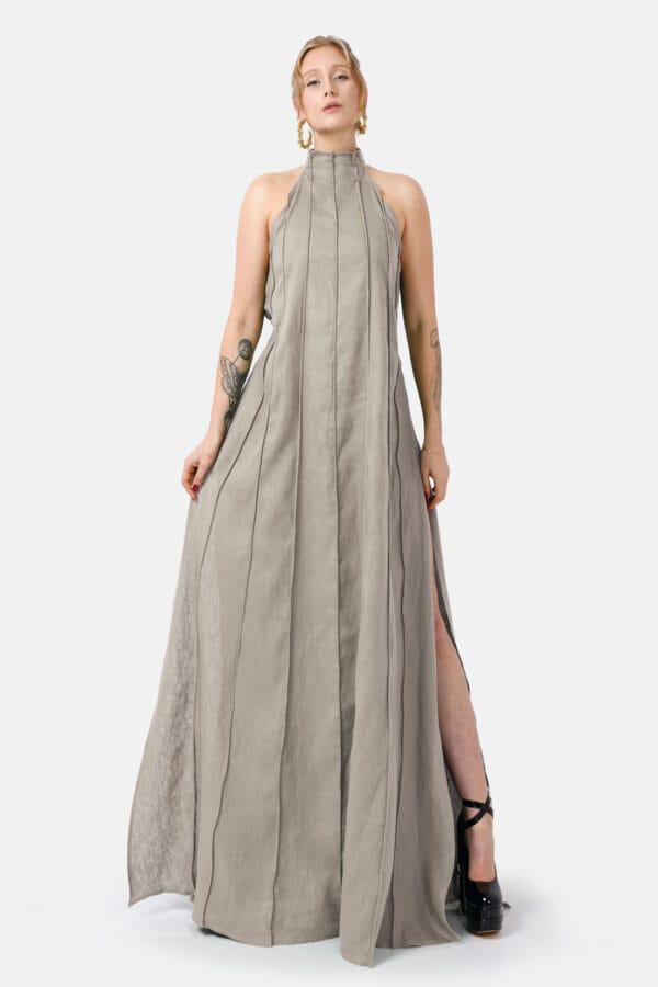 Trace – Linen Olive Green Halter Dress