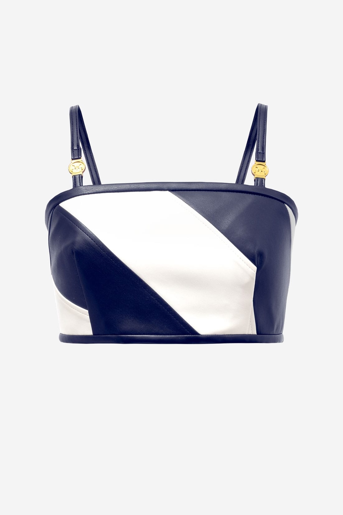 Navy Leather Crop Top Striped Strappy Zip Back by Kargede Ghost Mannequin C