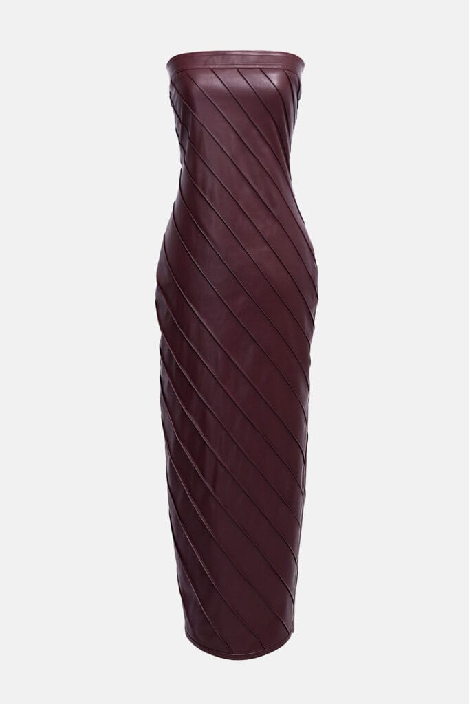 Burgundy Red Leather Pencil Dress Pleated with strapless silhoutte in midi length ghost mannequin