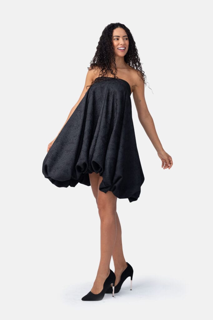 Black Jacquard Bubble Mini Dress Strapless Architectural Dress with Adjustable Closure by Kargede Designer Fashion Side Pose Swing