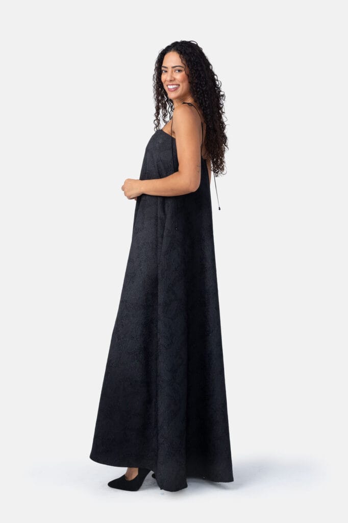 Black Jacquard Trapeze Maxi Dress Corded Strap Gown with Shimmer by Kargede Designer Fashion Side Pose
