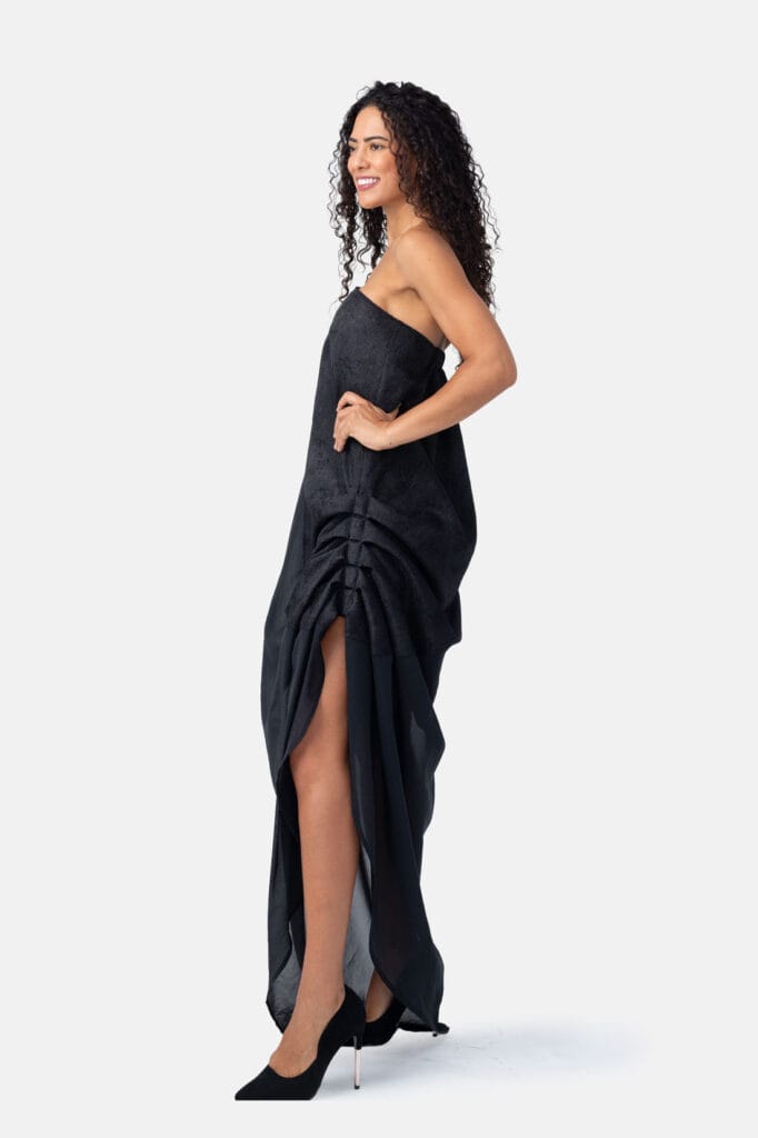 Black Trapeze Maxi Dress Asymmetrical Ruched Evening Gown in Jacquard and Rayon by Kargede Designer Fashion Side Pose
