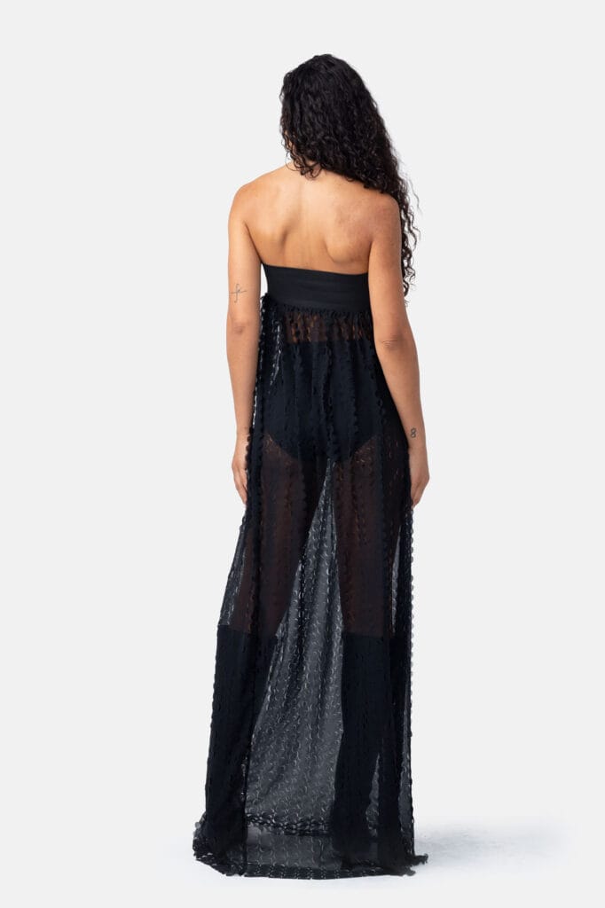 Black Trapeze Maxi Dress Sheer Pleated Slip On Gown in Punch Out Georgette by Kargede Designer Fashion Back Pose