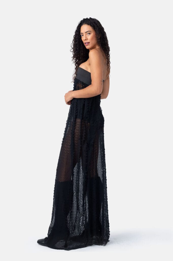 Black Trapeze Maxi Dress Sheer Pleated Slip On Gown in Punch Out Georgette by Kargede Designer Fashion Side Pose