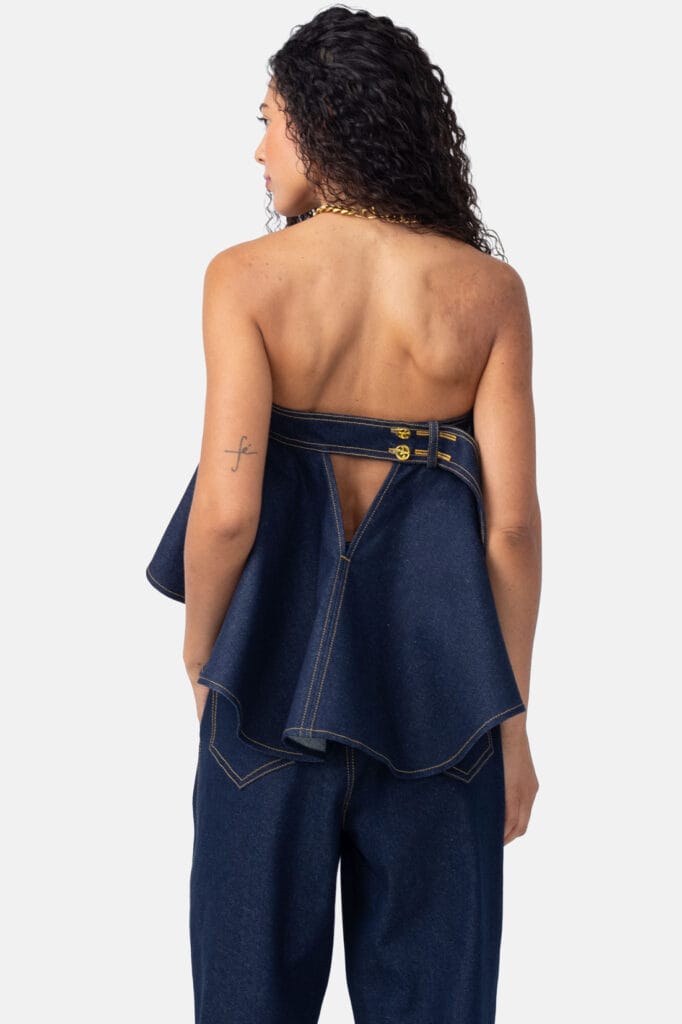 Indigo Denim Pleated Crop Top Strapless Contrast Stitch Bandeau by Kargede Designer Fashion Back Poe