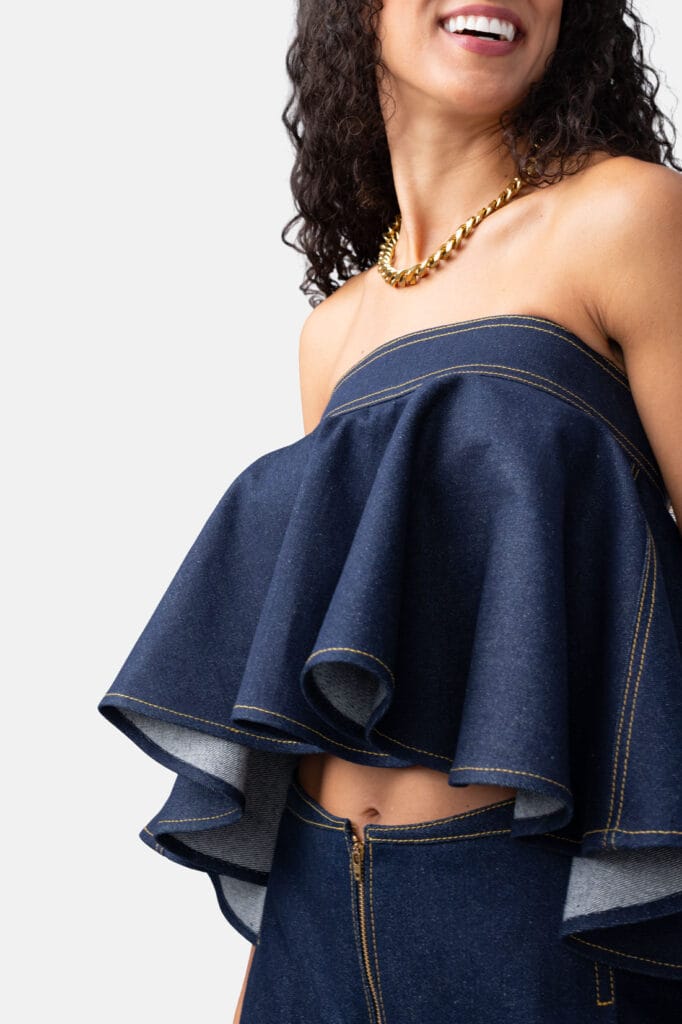 Indigo Denim Pleated Crop Top Strapless Contrast Stitch Bandeau by Kargede Designer Fashion Detail Shot