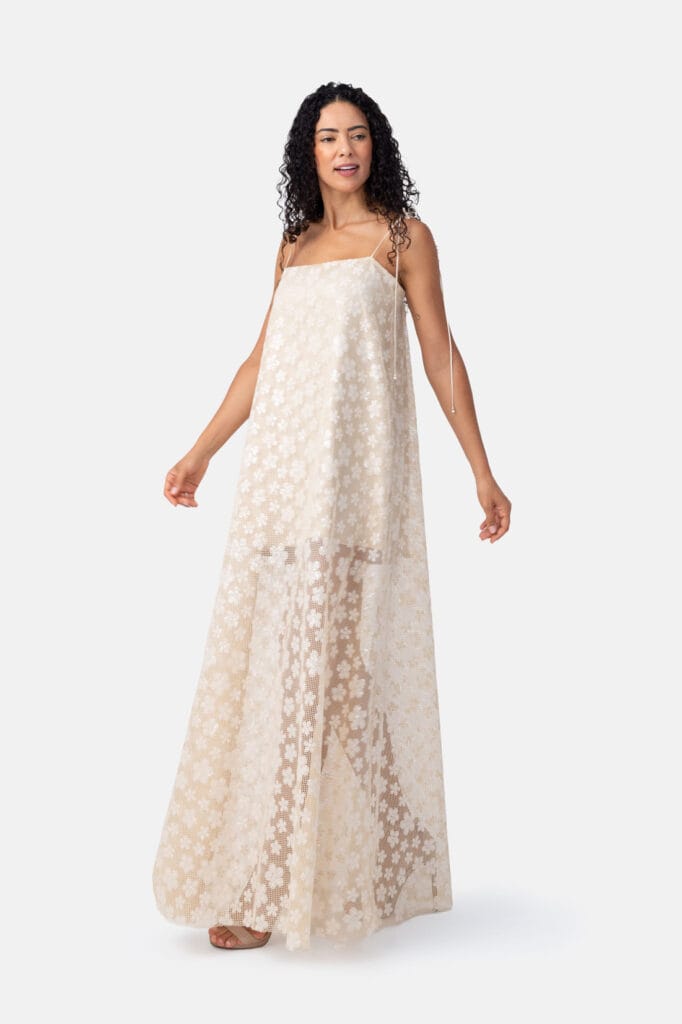 Linen Floral Embroidered Maxi Dress by Kargede Designer Fashion Side Pose